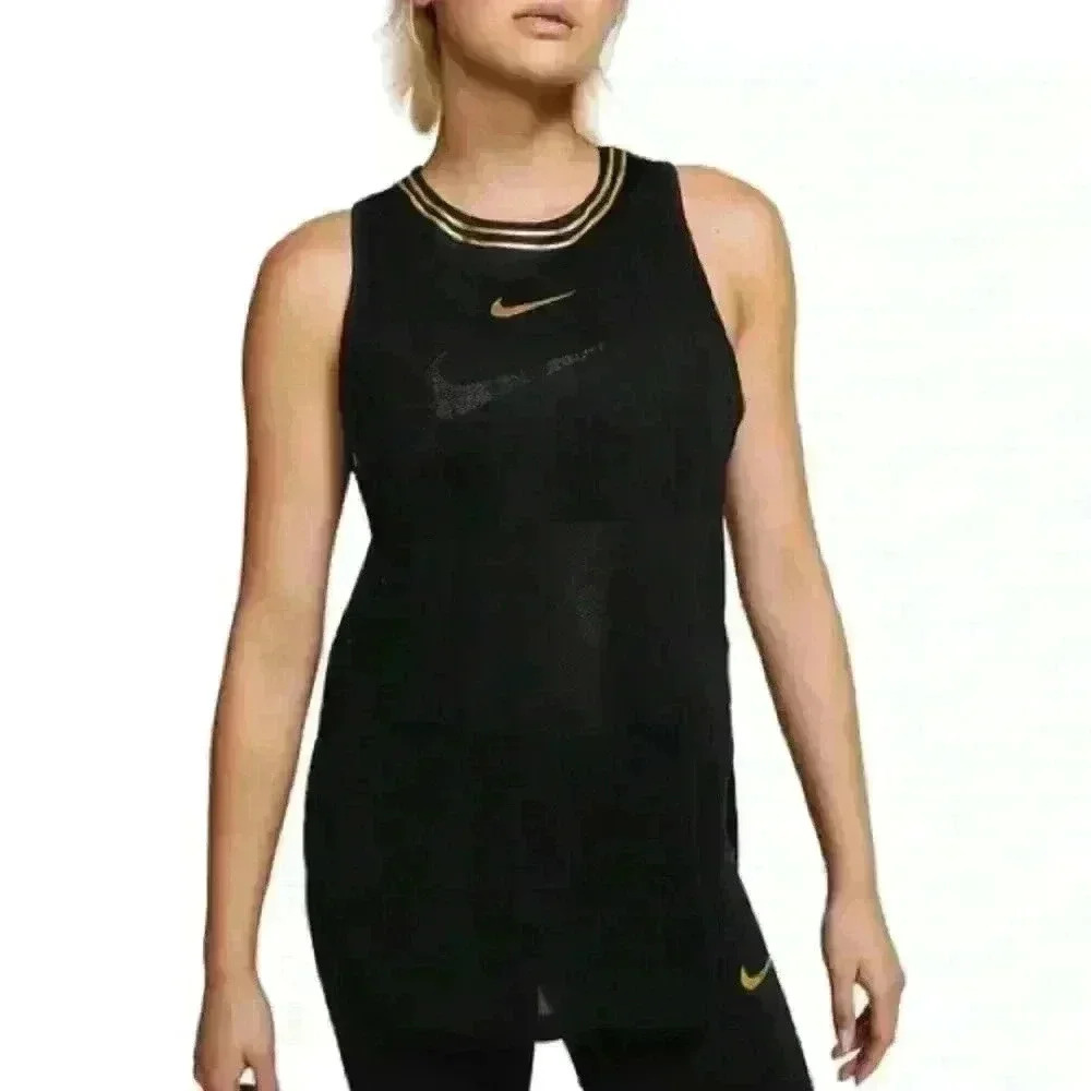 EUC Nike Dri Fit Activewear Tank Top L Black Mesh Nylon Swoosh Logo Round Hem